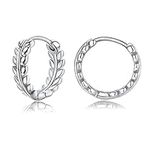 Silver Hoop Earrings for Women Girls, Hypoallergenic 925 Sterling Silver Olive Leaf Tiny Small Huggie Hoops Helix Cartilage Piercings Earring for Birthday Gifts, White Gold/8mm