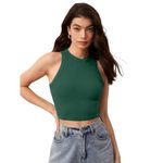 GLARE & BLAIR Solid Slim Fit Round Neck Sleeveless Ribbed Crop Tank Top For Women (Medium, Pine Green)