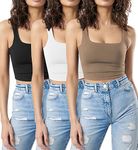 SUNDELL 3 Pack Crop Tank Tops for Women Casual Sleeveless Crop Tops Double Layer Cropped Yoga Workout Tops(Black/White/Brown-M)