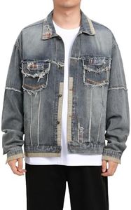 BYBNOLL Men's Distressed Denim Jacket Vintage Ripped Patchwork Jean Coat Destroyed Frayed Edge Streetwear