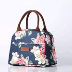 House of Quirk Insulated Reusable Nylon Lunch Bag Tote Bag for Women, Printed Lunch Bag for School, Picnic, Office, Outdoor, Gym (Navy Rose Flower)