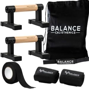 BALANCE CALISTHENICS Pro Metal Wooden Parallettes Push Up Bars Bundle With Bag, Grip Tape, Wristwraps, Paralettes, Strap | Dip Bar Handles 2pcs Paralette Handstand Non-Slip Base Exercise Handle For