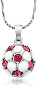 Gem Stone King Soccer Pendant Necklace Gift For Women Girls Boys | White Soccer Ball with Pink Crystals | With 16 Inch Snake Chain