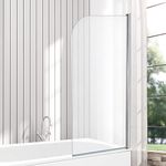 VeeBath Bath Shower Screen, Curved Edge Pivot Shower Enclosure Reversible Screen, Toughened Glass Bathtub Shower Door- 1400x800mm, Chrome