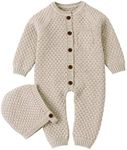 MiMiXiong Baby Newborn Knitted Sweater Romper Longsleeve Outfit Cotton Jumpsuit with Warm Hat Set Camel 70