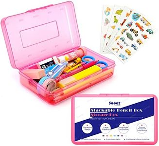 Sooez 1 Pack Pencil Box, Plastic Pencil Case, Hard Pencil Case with Stickers, Plastic Storage Crayon Box, Large Plastic Pencil Boxes, Stackable Pencil Case Box for Kids School Boys Classroom, Pink