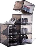 Greenfields 6 Pack Transparent Shoe Boxes - Clear or Black Durable Shoe Box Organiser - Space Saving Design with Magnetic Door - Durable and Sturdy Bins Front Stackable Drawers (Black)