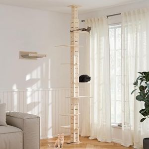 COZIWOW Floor to Ceiling Cat Tree for Large Cats, 7 Level Wooden Cat Tower with Non-Slip Platforms, Adjustable Height (98-114in), Sturdy Cat Climbing Pole for Indoor Cats, Morden Tall Cat Tree