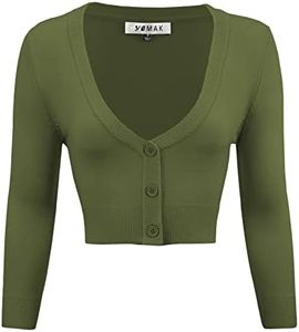 Women's Cropped Bolero Cardigan – 3/4 Sleeve V-Neck Basic Classic Casual Button Down Knit Soft Sweater Top (S-3XL) Sage