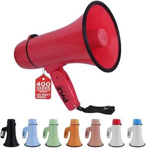 Pyle 20W Megaphone Bullhorn - Portable, Automatic Siren & Adjustable Volume,Projection Range Up to 400 Square Yards, Aux Input, Talk, Siren, Music, Whistle, & Record, Shoulder Strap (Red)