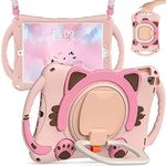 BATYUE Case for iPad 9th/8th/7th Generation 10.2 inch (2021/2020/2019), with Rotating Stand, Pencil Holder, Carrying Shoulder Strap, Cute Cat Case for Kids (Pink)