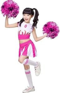 LOLANTA Big Girls' Cheerleader Costume Pleated Skirt Set Cheerleader Outfit with Pom Pom(Pink, 8-10)