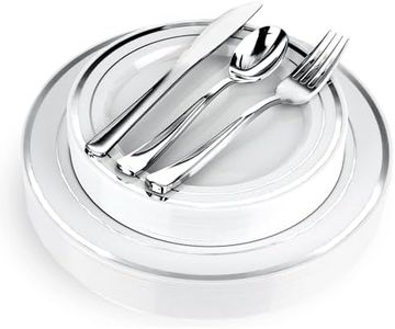 125-Piece White and Silver Fancy Plastic Plates Disposable with Silverware, Elegant Dinnerware for Weddings, Holiday Party China, Set of 25 Dinner + Salad Plates, 25 Spoons, 25 Forks, 25 Knives