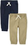 The Children's Place Baby Boys' and Toddler Stretch Pull on Jogger Pants, Flax/New Navy 2 Pack, 12-18 Months