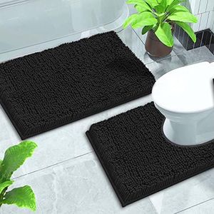 GVTECH Bath Mat Set 2 Pieces, Chenille Non-Slip Back 50x80 cm Bathroom Mat & 50x60 cm U Shape Toilet Rug Fleece Softness, Bathroom Carpet, Super Soft Microfiber Bath Rug, Easy to Clean Mat (Black)