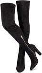 WSKEISP Women's Thigh High Boots Stretch Suede Over The Knee High Boots 4.13IN Chunky Heel Fall Winter Boots, Black, 9.5