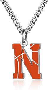 AIAINAGI Basketball Initial A-Z Letter Necklace for Men Basketball Charm Pendant Stainless Steel Silver Chain 22 inch Personalized Basketball Gift for Men(N)