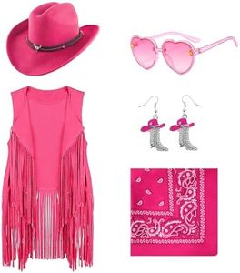 Dwieey Cowgirl Outfits for Girls Kids 6 Pcs Western Costume Accessories Cowboy Hat Fringe Vest Earring for Halloween 7-8 T