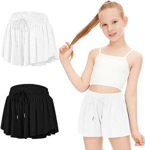 2 Packs Butterfly Shorts for Kids Girls Flowy Shorts with Pocket 2-in-1 Athletic Shorts Running Shorts for Girls Youth (Black + White, Small)
