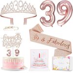 39th Birthday Decorations for Her Women, Including 39 year old Birthday Cake Topper, Birthday Queen Sash with Pearl Pin, Sweet Rhinestone Tiara Crown, Number Candles and Balloons Set, Rose Gold