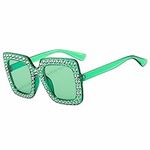 Retro Oversize Square Diamond Rhinestone Sunglasses for Women Men Disco Bling Bling Glasses（Green）