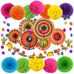 ZERODECO Mexican Party Decorations, 21 Pcs Multi-color Mexican Paper Fans, Pom Poms Flowers for Mexican Fiesta Cinco De Mayo Taco Themed Birthday Party Supplies