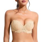 Plusfreeee Push Up Strapless Lace Bra Thick Padded Add 2 Cup with Clear Straps Convertible Underwire Balconette Beige