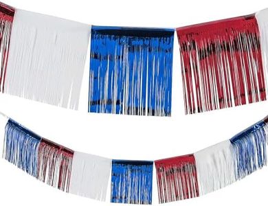 Fun Express 24 Ft Foil Patriotic Fringe for Fourth of July Party Decorations - Red, White, & Blue Metallic Foil Fringe for Quick Decor - Durable, Reusable, Instant Patriotic Transformation
