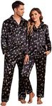 Ekouaer Christmas Pajama Set Men's Silk Satin Sleepwear Loose Comfy Loungewear Two Piece Nightwear His and Hers Pj Set (Black With Snowflakes,L)