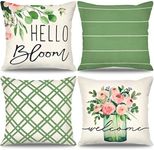 Dremisland Set of 4 Decorative Throw Pillow Covers 18x18 Summer Green Plant Pillowcases Diamond Stripes Farmhouse Linen Pillows Cushion Covers for Couch Bed Living Room Car