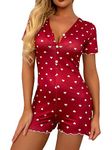 SHENHE Women's V Neck Short Sleeve Romper Playsuit Bodysuit Onesie Pajama Button Up Romper, Red Hearts, Large