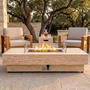 ReeQuo 60Inch Fire Pit Table Propane with Tank Cover Windy Guard, 3 Pieces 50,000 BTU Travertine-Style Rectangle Firepit for Outside Patio with Metal Lid, Lava Rocks, Rain Cover