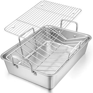 Roasting Pan, E-far 16 x 11.5 Inch Stainless steel Turkey Roaster with Rack - Deep Broiling Pan & V-shaped Rack & Flat Rack, Non-toxic & Heavy Duty, Easy Clean & Dishwasher Safe - Large