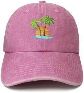 Hepandy Embroidered Palm Tree Hat for Women, Washed Pink Baseball Cap Snapback Hat for Girls, Outdoor Travel Denim Dad Hat Trucker Hat