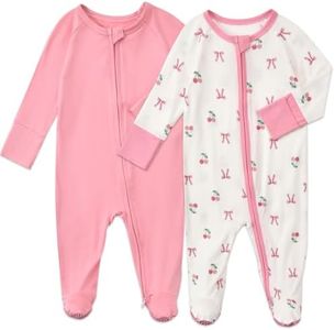 Aablexema Baby Footed Coverall Pajamas with Mittens Rayon from Bamboo 2pcs Newborn Infant 2-way Zipper Outfit (Pink Cherry Bow, Newborn)