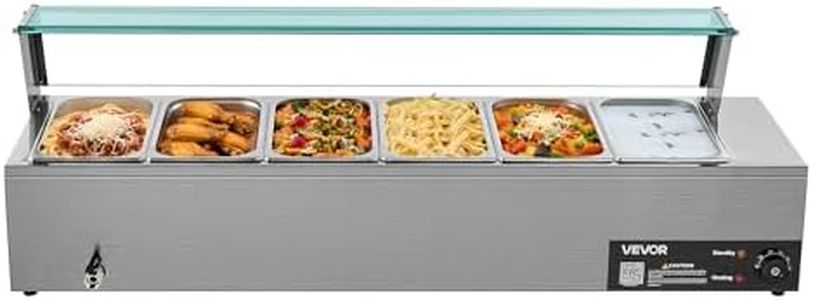 VEVOR Commercial Food Warmer, 1500W Electric Stainless Steel Steam Food Warmer with Glass Cover, 6 x 1/3 Size Pans Buffet Bain Marie with Soup & Perforated Ladles, for Catering, Restaurant & Party