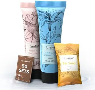 TravelWell Mini Shampoo and Conditioner Sets with Hotel Soap Bars - AirBnB Essentials for Guests - Travel Size Toiletries Bulk - 150 Pieces (50 each of shampoo, conditioner, soap)