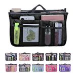 JJ PRIME - Multi-Compartment Handbag Insert | Expandable Liner Bag Pouch Zipper Closure | Tote Bag Organiser Insert with 13 Pockets and Handle for Easy Lifting (Travel, Cosmetics, Toiletries), Black