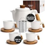 MIAMIO – 1000 ml Ceramic Tea Pot Set with Infuser and Cups/Tea Strainer, 4 Ceramic Tea Mugs (300 ml), Bamboo Saucers/Handle for Home and Office (White)