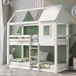 Merax Bunk Bed, Children Cabin Bed, Single Bed for Kids, Twin Sleeper, Solid Pine Wood,3FT -White