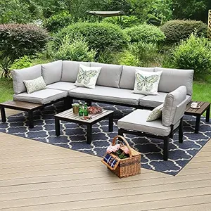 PHI VILLA 6-Piece Metal Outdoor Sectional Sofa Sets Wrought Iron Patio Loveseat Conversation Sets with Coffee Table & Cushions Garden Furniture Sets, Light Grey