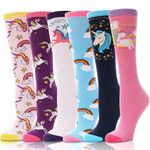 Kids Girls Knee High Socks Crazy Silly Long Cute Funny Animal Tall Boot Fun Gift Stocking Stuffers for Kids Socks for Child 6 Pairs (Rainbow Unicorn)