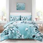 Luxudecor Floral Comforter Set King Size 7 Piece, Aqua Flower Bed in a Bag, Elegant Gradient Floral Comforter with Sheet Set, Soft Seersucker Microfiber Bedding Set for All Season (Aqua, 104"x90")