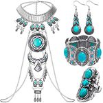 4 Pieces Boho Turquoise Jewelry Set Includes Boho Statement Necklace Body Chains Alloy Oval Resin Drop Dangle Earrings Adjustable Heart Compressed Turquoise Bracelet Turquoise Statement Ring for Women