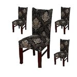 House of Quirk Polyester Spandex Printed Chair Cover Stretch Removable Washable Short Dining Chair Cover Protector Seat Slipcover (Black Brown Motif, Pack of 4)