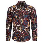 HISDERN Mens Fancy Shirt Paisley Floral Long Sleeve Casual Funky Printed Button Down Dress Shirts M Black/Brown