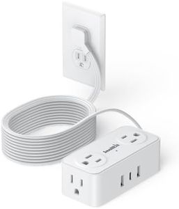 10FT Ultra Thin Flat Power Bar, SMALLRT Small Flat Plug Extension Cord Indoor with 4 Widely Space AC Outlets 3 USB Charging Ports, Power Strip for Home Office Dorm Room