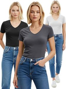 Emmalise Women's Plain Short Sleeve V Neck T Shirt(3P-Blk/Chrcl/Wht-1X)