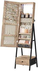 SONGMICS LED Mirror Jewelry Cabinet Standing, Lockable Jewelry Armoire with Full-Length Mirror, Space-Saving Jewelry Organizer with Mirror, Bottom Drawer, Christmas Gifts, Toasted Oak Color UJJC025N01