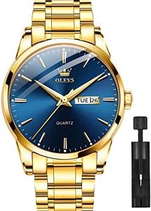 OLEVS Gold Steel Watches for Men Blue Face,Day Date Watches Men Gold with Date Day,Mens Watch Dress Waterproof,Luminous Classic Watch